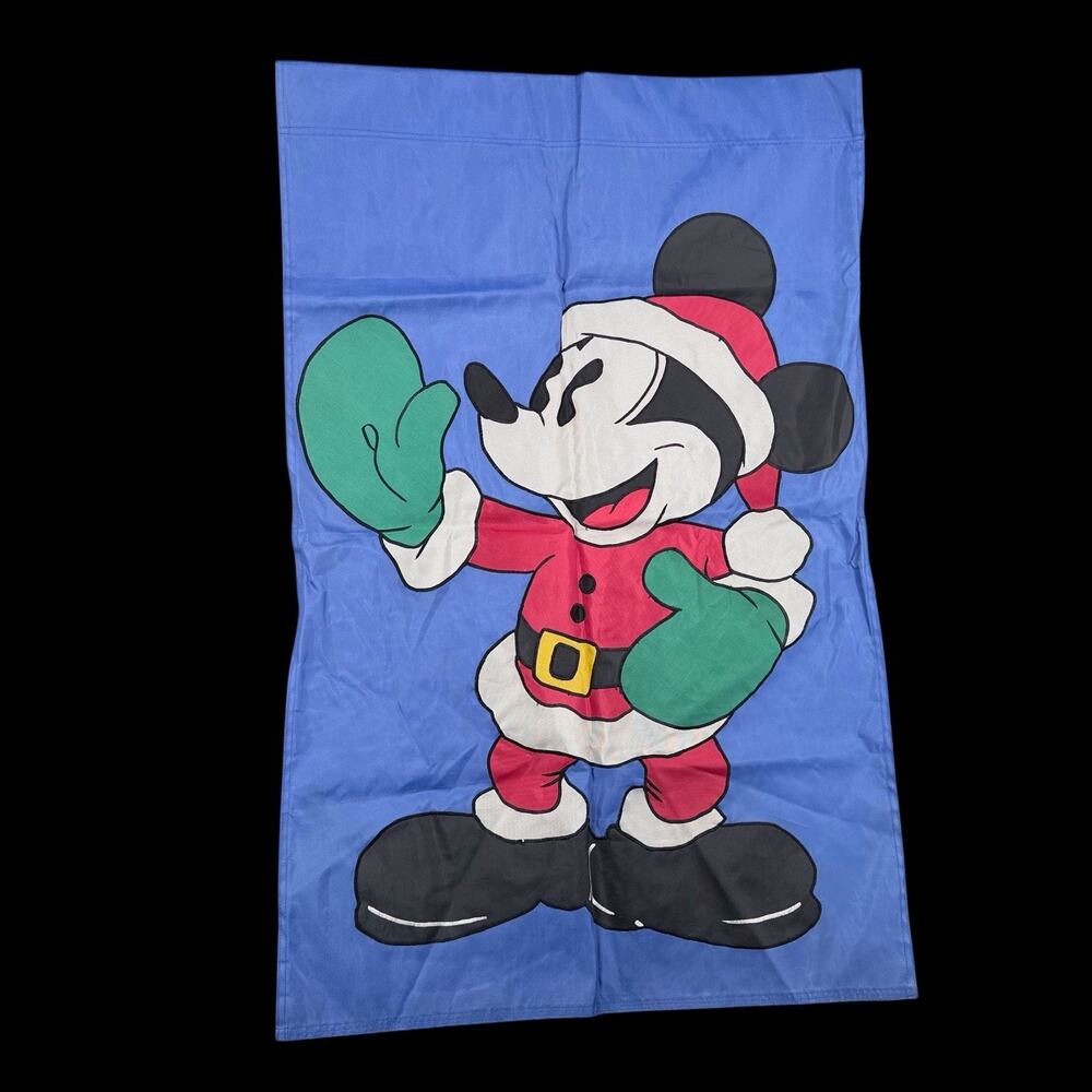 Vtg Disney Mickey Mouse Santa Christmas Flag Banner Polyester